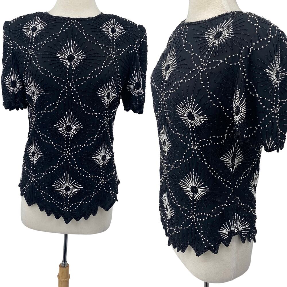 Vintage Scala Pure Silk Beaded Pearl Top Short Sleeve Black White Womens size XL - Picture 13 of 13